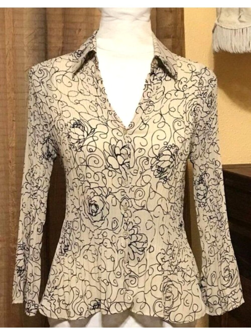 Allison Taylor Accordion Blouse Long Sleeve Taupe Black Print Size S